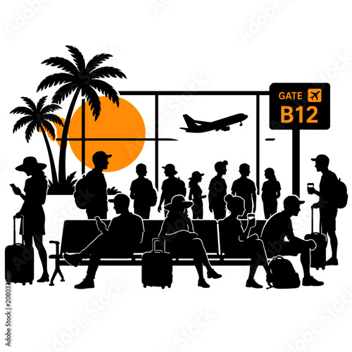 Summer travel airport crowds waiting at gate B12 with sunset view  