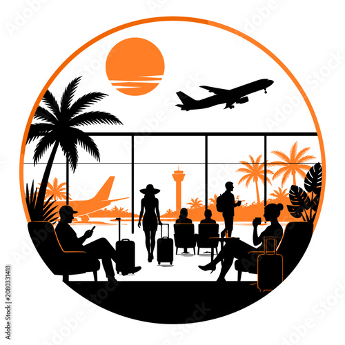 Summer travel airport lounge with crowds and silhouette in tropical setting  