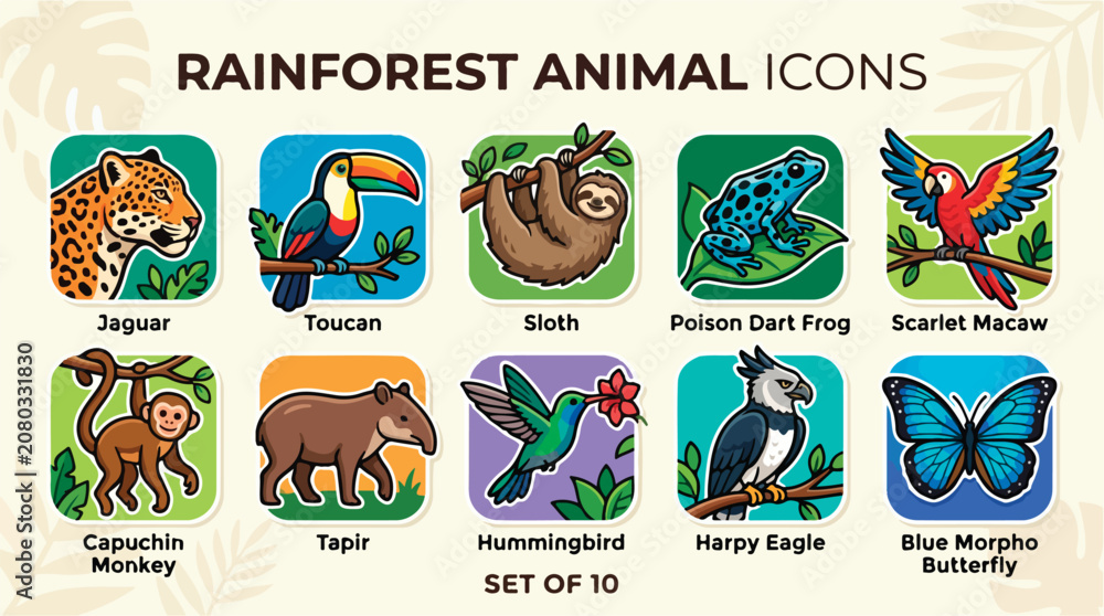 Fototapeta premium Rainforest animal icons set of 10, tropical jungle wildlife illustrations including jaguar and sloth, exotic amazon fauna vector collection