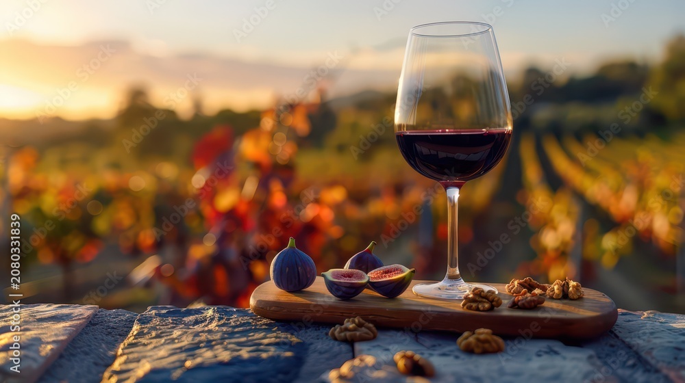 Fototapeta premium Red wine glass on stone wall with figs and vineyard rows at sunset for harvest festival banner and rustic tasting background