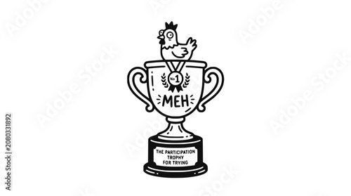 Fotografie Funny Chicken Wearing Medal on Trophy with MEH and Participation Trophy for T