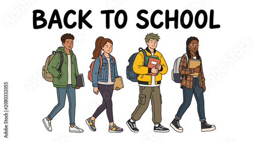 Quadro su tela Back to School Journey: A diverse group of four young students, each with a backpack and books, walk confidently forward, ready to embrace the academic year ahead