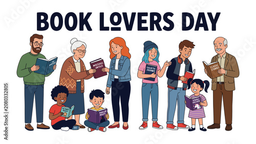 Konstfotografi Book Lovers Day Celebration: A diverse group of people of all ages, from a child to an elderly person, gather to celebrate Book Lovers Day, each engrossed in the pages of a book