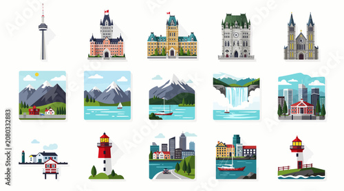 Canada Landmarks Flat Design Icons Vector Set
