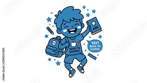 Canvas Print Excited Kid Ready for School: A joyful cartoon boy, beaming with excitement, clutches a book and backpack, eager for his first day of school