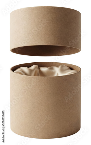 Foto Open cylindrical kraft paper box with silk lining