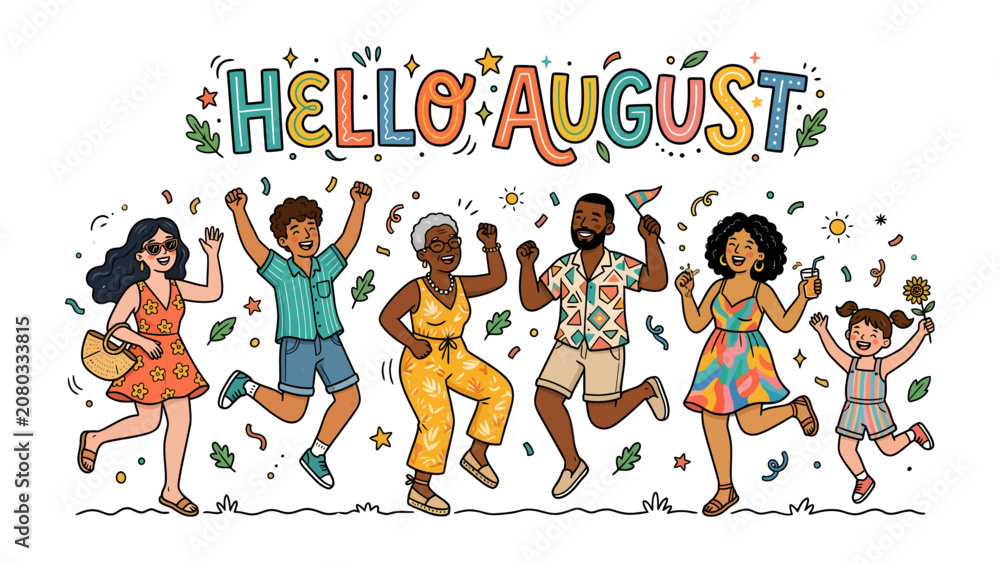 Fototapeta premium Hello August Celebration: A vibrant illustration depicting a diverse group of people joyfully jumping and celebrating the arrival of August with festive decorations and confetti.