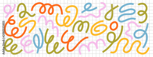 Bold brush squiggle set with thick hand drawn wavy lines and curly doodle strokes. Rough grunge swirls and abstract marks in funky naive style. Playful marker elements for collages.