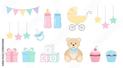 Cuadro en lienzo A festive baby shower scene with gifts, toys, and treats on display indoors