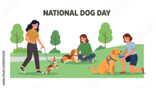 Cuadro en lienzo National Dog Day Celebration in Park: A vibrant illustration depicts a joyous National Dog Day celebration in a sunlit park