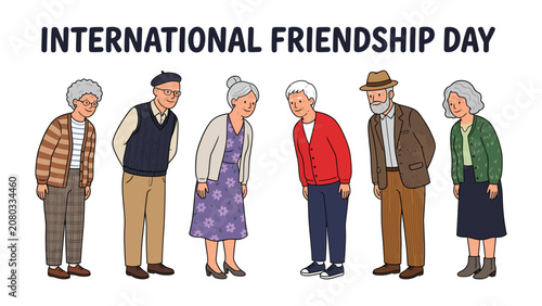 Fotografie International Friendship Day Celebration: A group of elderly friends, each with unique styles and expressions, bow respectfully to each other, celebrating International Friendship Day