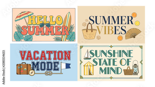 Bild auf Leinwand Summer Vibes Collection: A vibrant compilation of four distinct designs celebrating the essence of summer, featuring retro typography, beach motifs