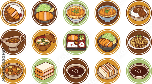 Japanese Cuisine Vector Icon Badge Set with Tonkatsu, Katsu Curry Rice, Katsudon Bowl, Bento Box, Miso Soup, and Sandwich for Restaurant Menu Designs