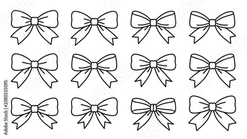 Pattern of twelve black outline gift ribbon bows with decoration celebration birthday decorative illustration celebrate collection greeting