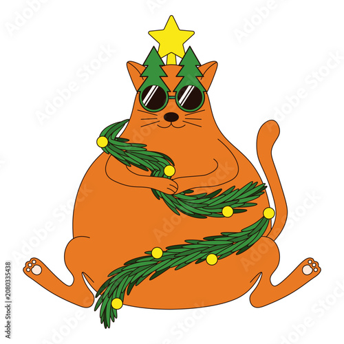 Funny Christmas Tree. Vector illustration of funny cat wrap in Christmas branch isolated transparent background. Perfect design for Christmas greeting card poster banner cover layout. EPS 10