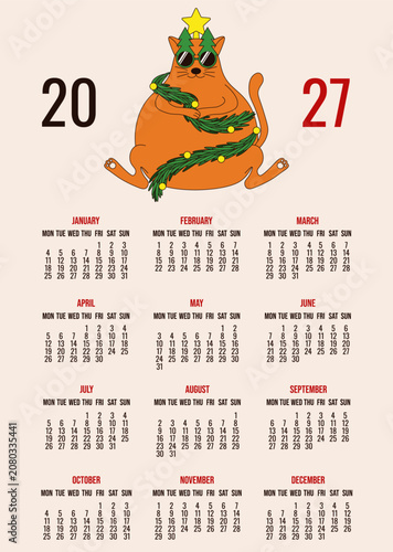 Funny 2027 Calendar. 2027 vertical Calendar layout with fun red Cat in Christmas tree branch and star. Vector illustration EPS 10