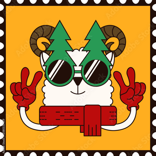 Funny Merry Christmas and Happy New Year greeting Postage Stamp design. Funky vector goat in Christmas tree glasses and red scarf on Postmark background.