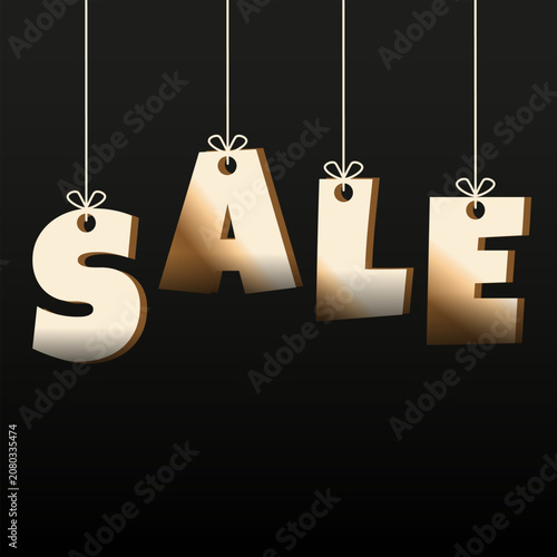 Black Friday. Luxury Sale Poster cover design. Vector gold Sale letters tied on the rope with bow knot isolated black background. Simple minimal Sale concept. EPS 10