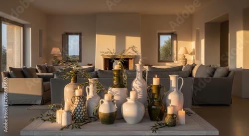 Serene Living Room Ambiance With Natural Light And Elegant Vases Lit By Candlelight