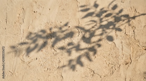 Terracotta wall with palm leaf shadow cast on its surface outdoors