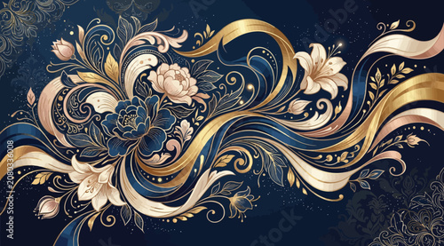 Foto Elegant floral background with gold and blue ornate swirls, blooming peonies and