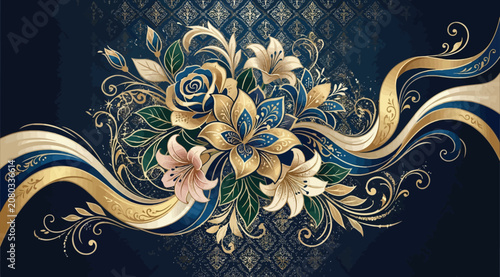 Foto Luxury floral composition with golden lilies and roses on a dark blue patterned