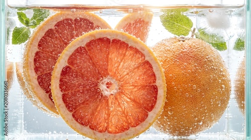 Fresh grapefruit slices submerged in clear sparkling water with mint leaves for a refreshing and vibrant citrus beverage concept