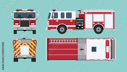 Fire truck set in side, front, rear, and top views with pumper engine design for firefighting, emergency response, and rescue operation, flat vector illustration