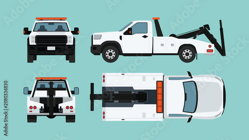 Foto Wheel lift tow truck set in side, front, rear, and top views with recovery equip