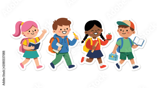 Принти на полотні Excited Students Heading to School: A cheerful group of diverse children, laden with backpacks and school supplies, are depicted in a vibrant illustration, eager for a day of learning and adventure