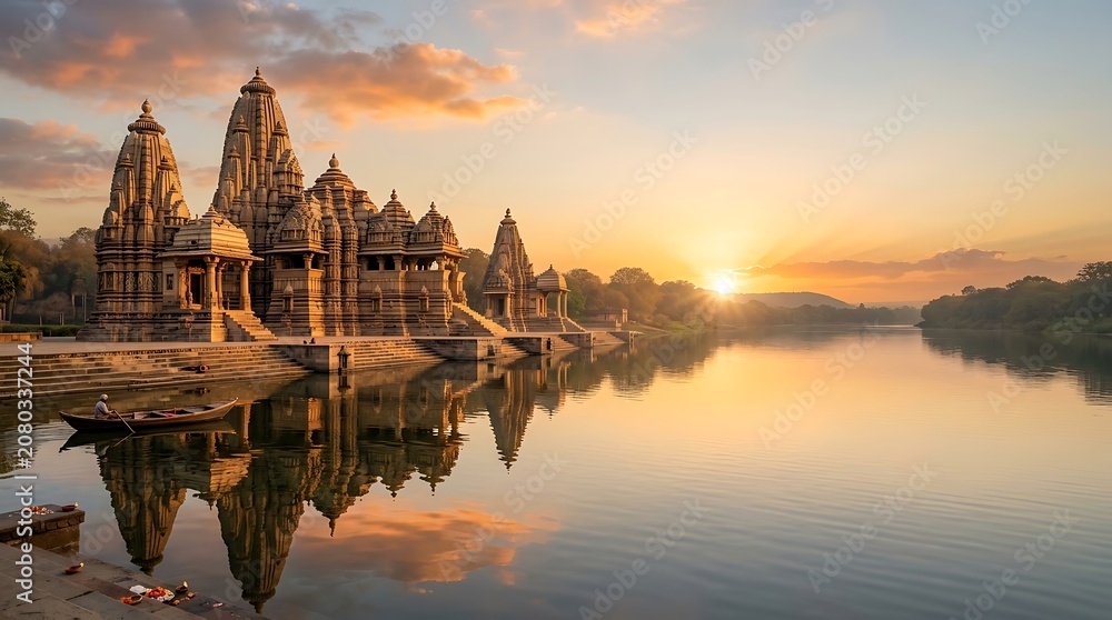 Fototapeta premium Golden sunrise over an ancient temple complex by the river