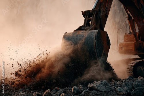 Heavy Machinery Bucket Digging into Rocky Ground at Construction Site