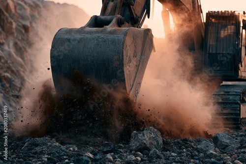 Heavy Machinery Bucket Digging Into Rocky Ground at Sunset