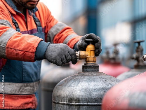 Technician Checking Safety Valve on Gas Cylinder in Industrial Setting