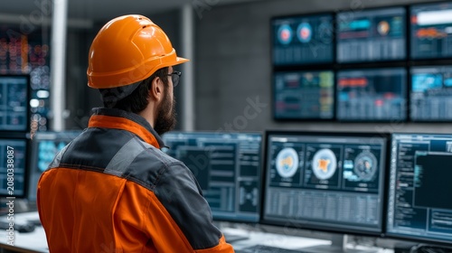 Engineer in Control Room Monitoring Digital Screens for Data Analysis