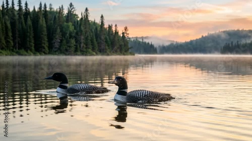 two common loon birds on lake superior usa morning light beautiful close up video