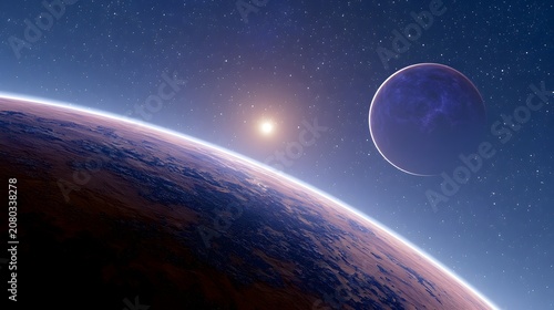 Exoplanet Landscape with Distant Star and Moon