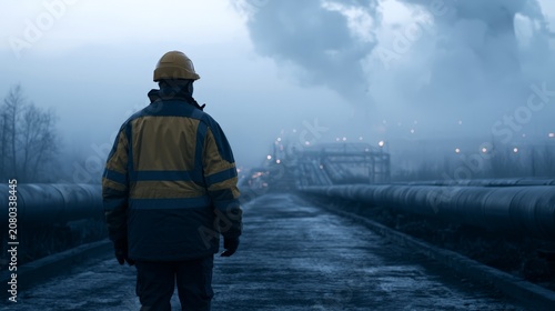 Worker with Safety Gear Inspecting Outdoor Pipe at Industrial Site