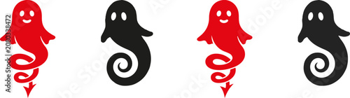 Fotografie Set of four ghostly seahorse illustrations in red and black