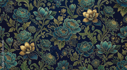 Schilderij op canvas Seamless floral pattern with intricate teal and gold flowers on a dark blue back