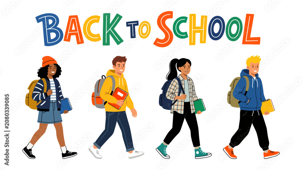 Fototapeta premium Back to School Parade: Diverse group of school children, each with backpack and book, walk with purpose and excitement under the colorful Back to School banner, ready for a new academic year.