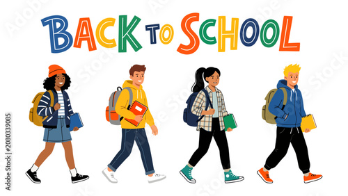 Quadro su tela Back to School Parade: Diverse group of school children, each with backpack and book, walk with purpose and excitement under the colorful Back to School banner, ready for a new academic year