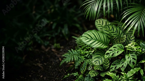 Lush tropical leaves with striped patterns in a dark jungle