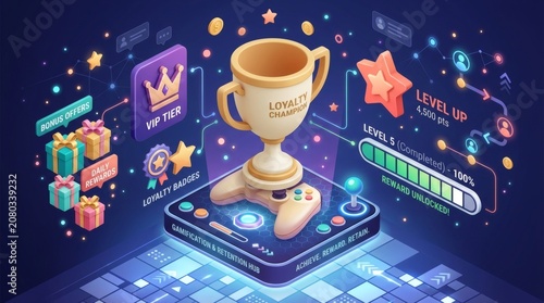 A golden trophy sits on a smartphone with a game controller on a blue-lit floor surrounded by colorful gaming icons and stars in a digital environment.
