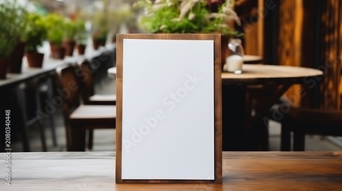 Blank white sign on wooden stand for table menu with blurred cafe restaurant background.