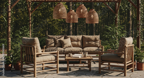 Serene Outdoor Living Area With Comfortable Seating And Natural Elements