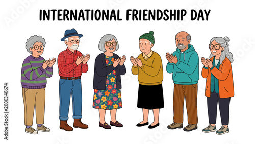 Fotografía Celebrating International Friendship Day: A diverse group of elderly friends, dressed in casual attire, stand together and applaud, celebrating camaraderie and the spirit of friendship