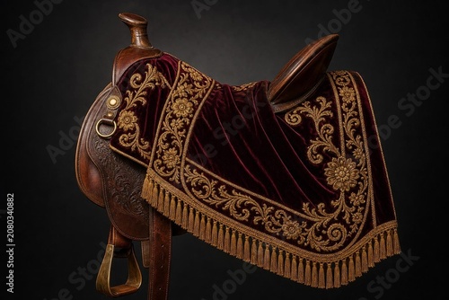 Embroidered velvet horse blanket with gold tassels over leather saddle.
