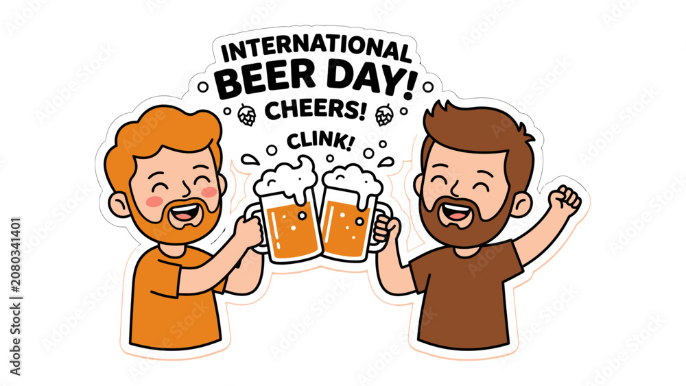 Fototapeta premium International Beer Day Celebration: Two smiling men with beards clink their frothy beer mugs together, celebrating International Beer Day with a cheerful Cheers! and Clink!.