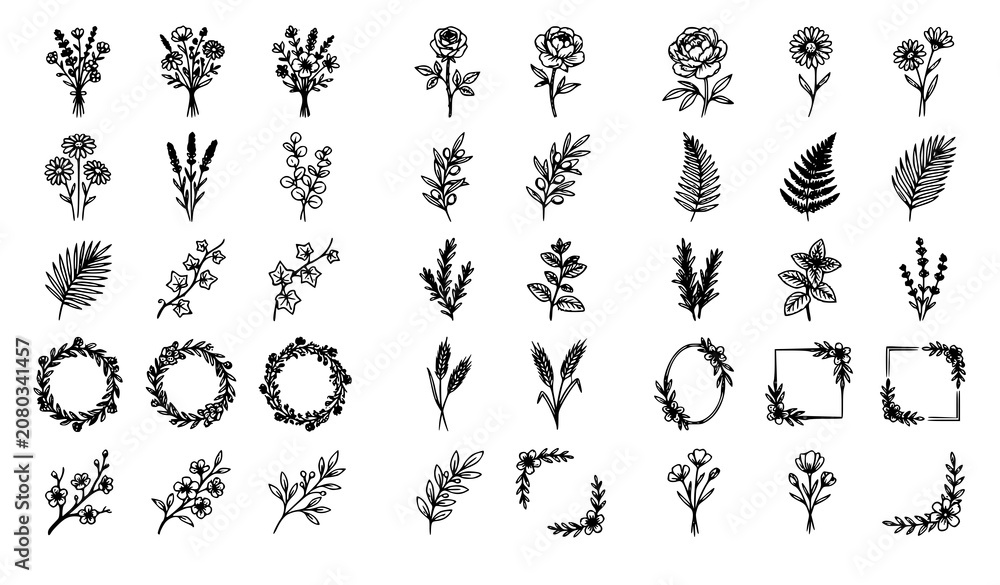 Fototapeta premium Elegant Botanical Line Art Vector Set with Floral Bouquets Wildflowers Leaves and Branches
